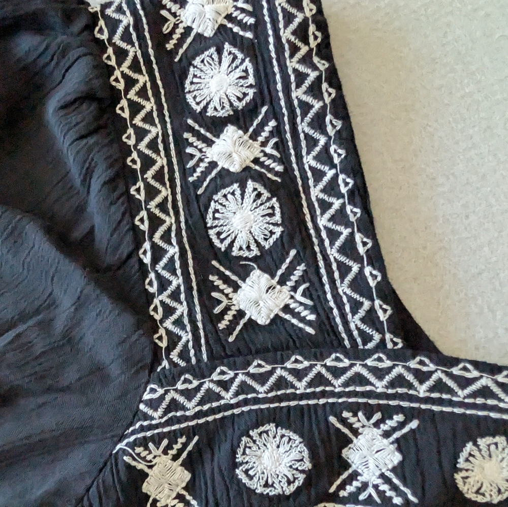 Vintage Y2K 90s Boho Embroidered Square Neck Puff Sleeve Black Peasant Blouse S image 7
